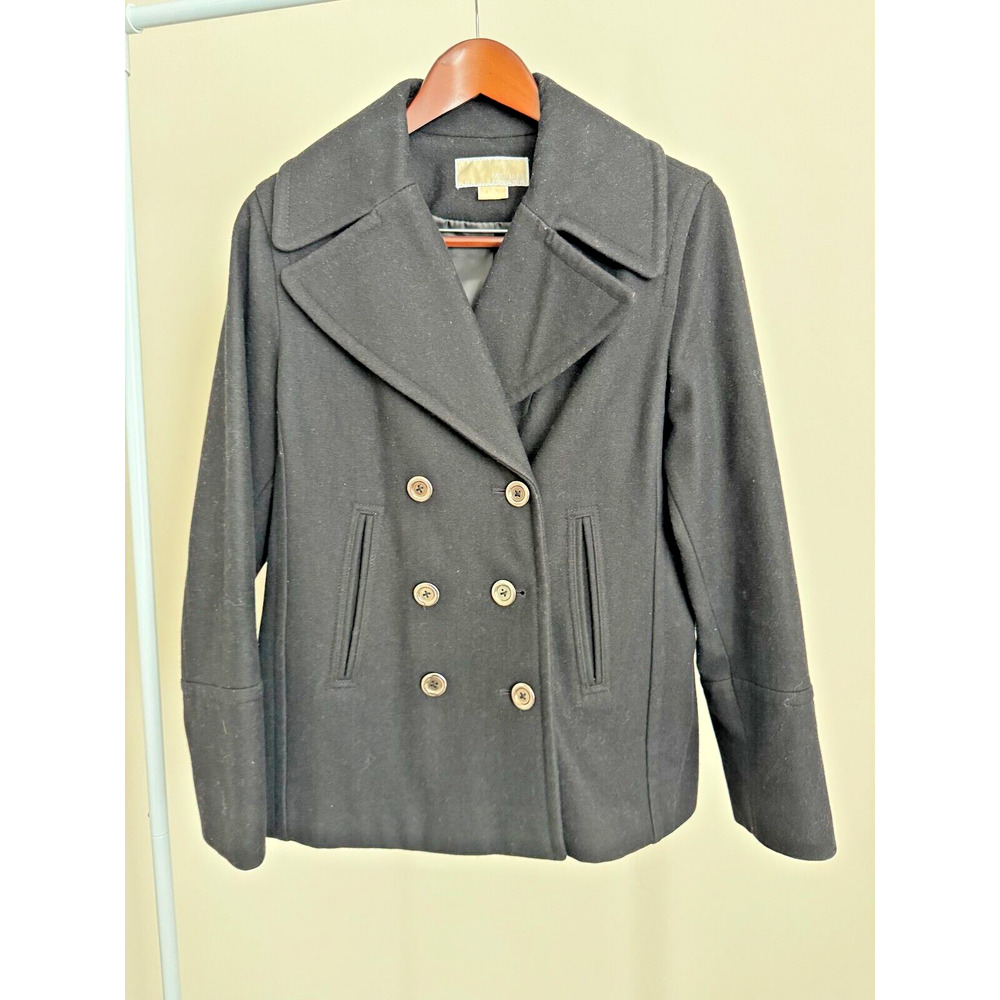 MICHAEL KORS Black Wool Blend Pea Coat Jacket Size Med CLASSIC CHIC